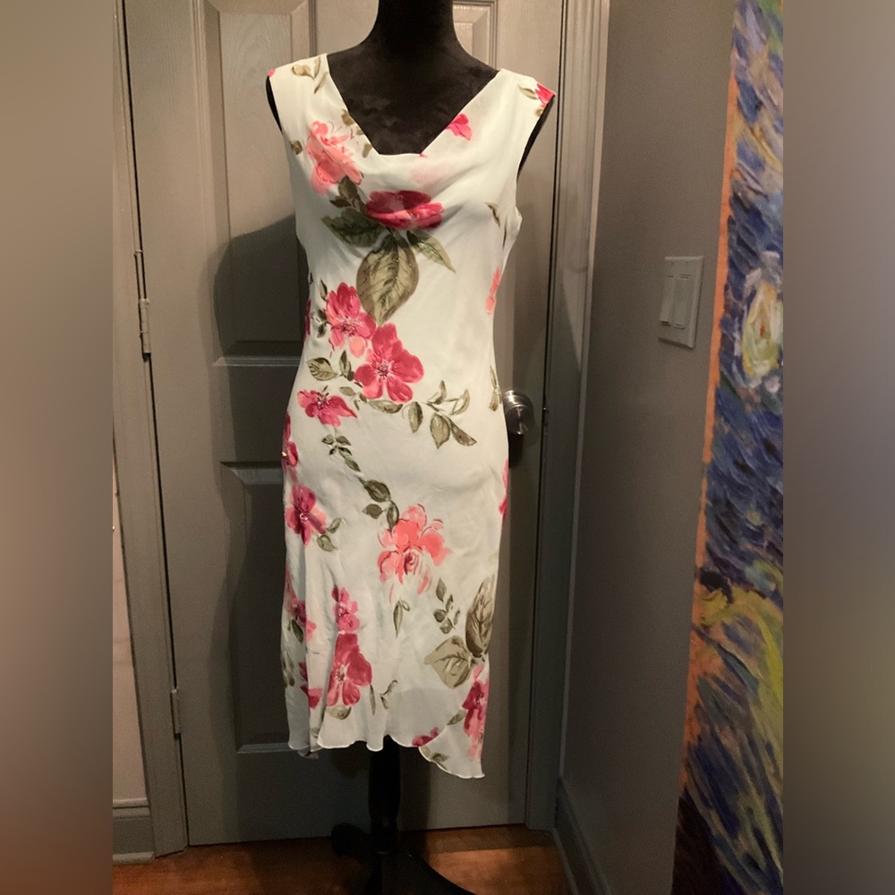 Connected Apparel medium light blue floral sheer shell and fully lined